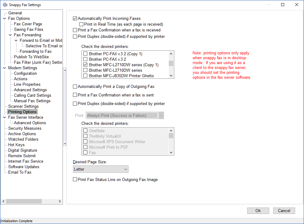 Snappy Fax Settings Printing Options